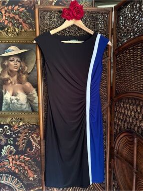 Lauren Ralph Lauren 4P Colorblock Ruched Sheath Dress Black Blue Petite